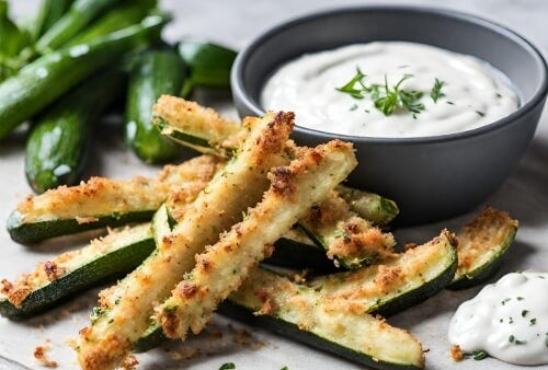 Baked parmesan courgette fries with yoghurt dip  