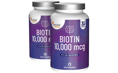Essentials Biotin 10,000 mcg, visoka doza - veganska, 60 kapsula: 1+1 GRATIS