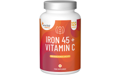 Essentials Iron 45 + Vitamin C hautement dosé - Végétalien, 120 gélules